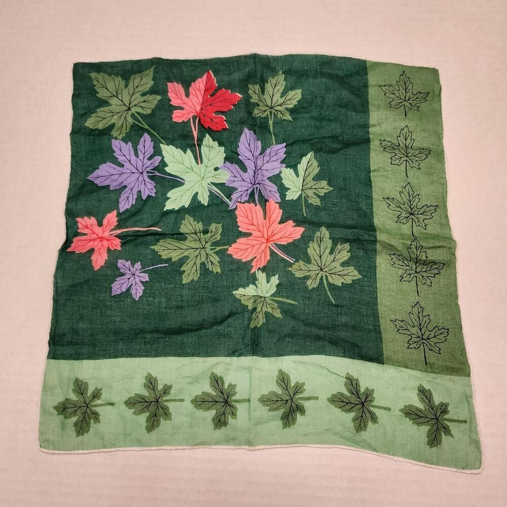 Vintage 1950s Maple Leaves Scalloped Edge Green Pink Purple Hankerchief MCM